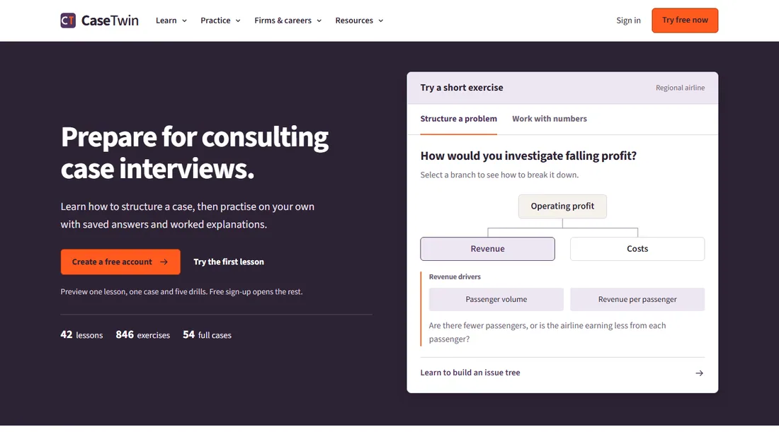 A preview of the CaseTwin consulting interview preparation website